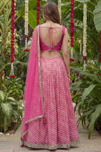 pink laheriya printed organza festive lehenga set choli with dupatta