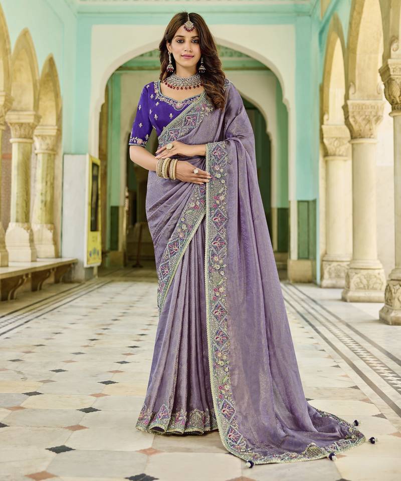 lilac viscose tissue fabric with bead work