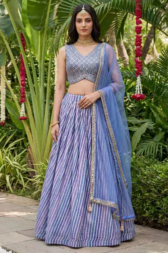 lavender laheriya printed organza lehenga set choli with dupatta