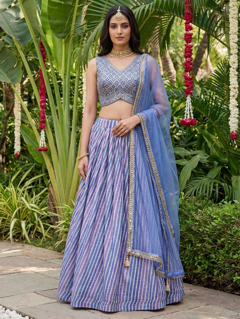 lavender laheriya printed organza lehenga set choli with dupatta
