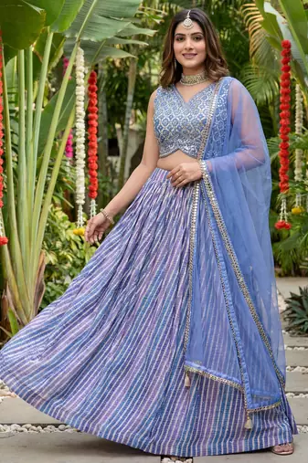 lavender laheriya printed organza lehenga set choli with dupatta