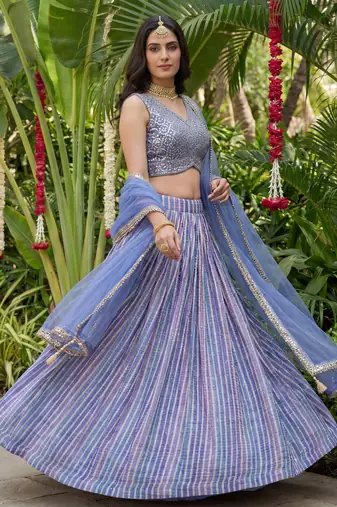 lavender laheriya printed organza lehenga set choli with dupatta