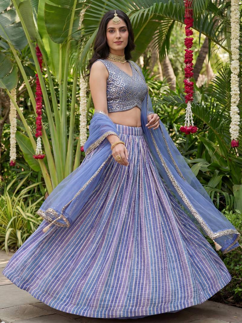 lavender laheriya printed organza lehenga set choli with dupatta