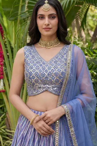 lavender laheriya printed organza lehenga set choli with dupatta