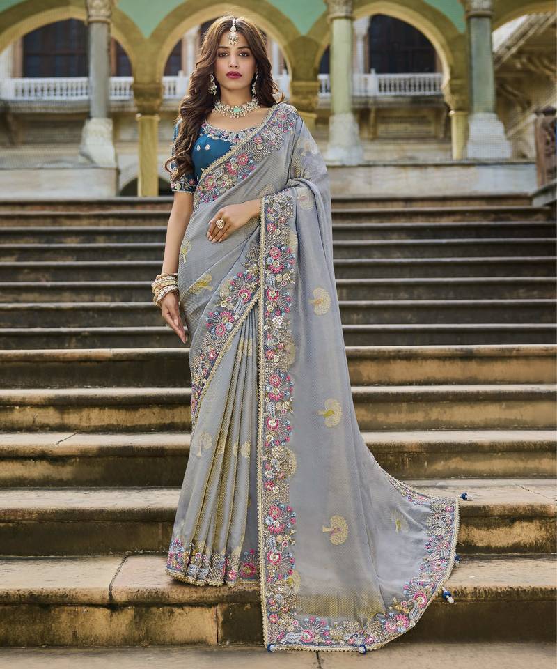 grey viscose tissue fabric with bead work