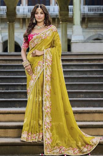 mustard viscose tissue fabric with bead work