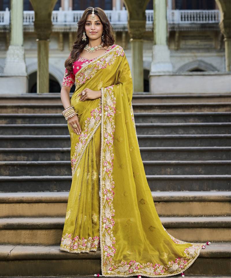 mustard viscose tissue fabric with bead work