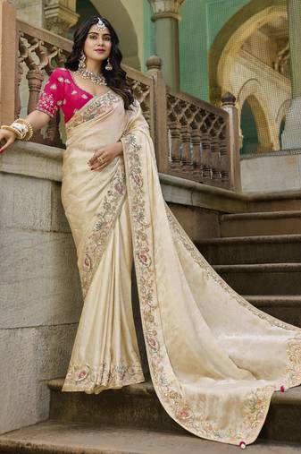 beige viscose tissue fabric with bead work