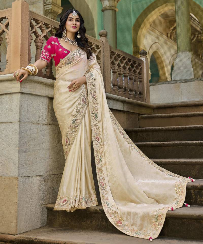 beige viscose tissue fabric with bead work