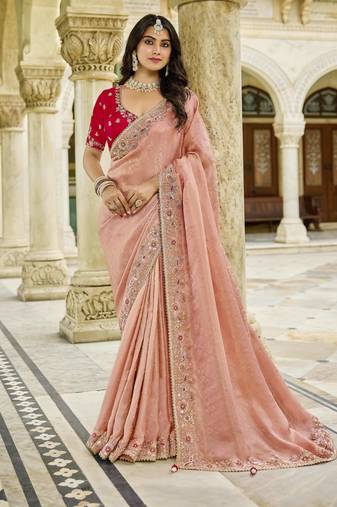 baby_pink viscose tissue fabric with bead work