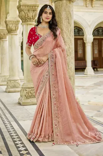 baby_pink viscose tissue fabric with bead work