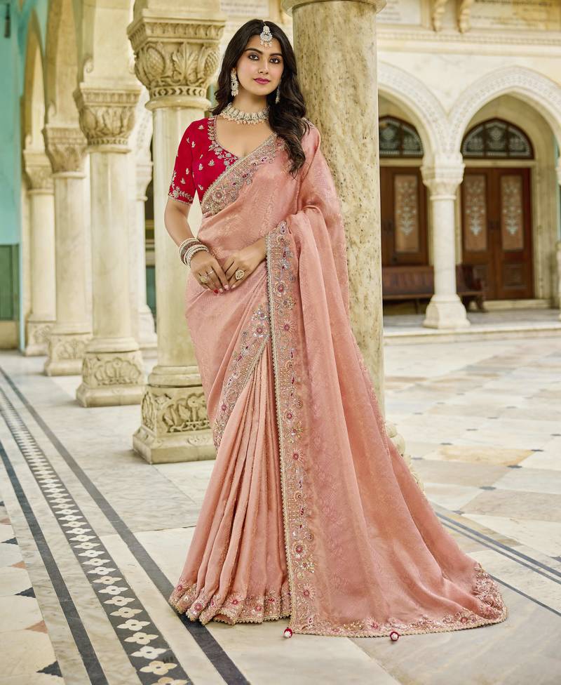 baby_pink viscose tissue fabric with bead work