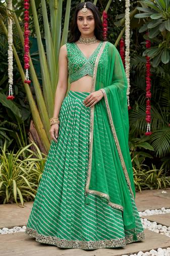 green digital printed organza festive lehenga set choli with dupatta