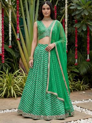 green digital printed organza festive lehenga set choli with dupatta 1