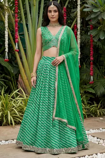 green digital printed organza festive lehenga set choli with dupatta