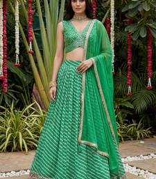 green digital printed organza festive lehenga set choli with dupatta