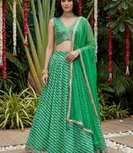 green digital printed organza festive lehenga set choli with dupatta