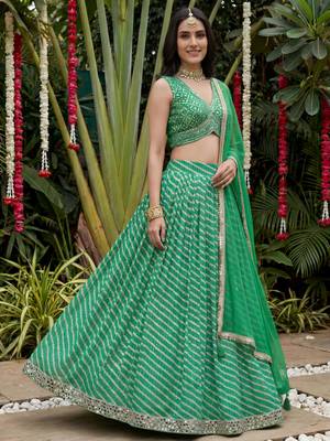 green digital printed organza festive lehenga set choli with dupatta 2