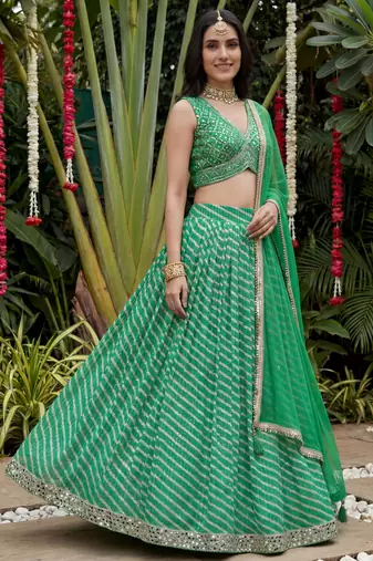 green digital printed organza festive lehenga set choli with dupatta