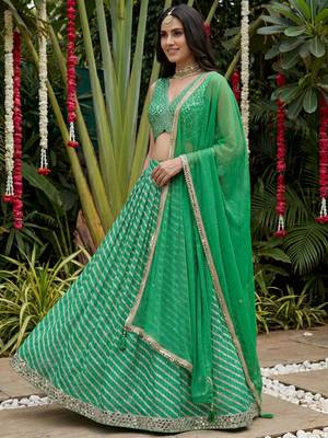 green digital printed organza festive lehenga set choli with dupatta 3