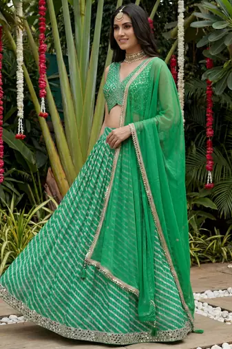 green digital printed organza festive lehenga set choli with dupatta