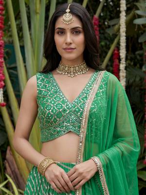 green digital printed organza festive lehenga set choli with dupatta 4