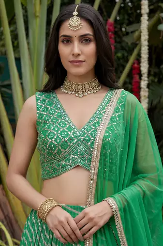green digital printed organza festive lehenga set choli with dupatta