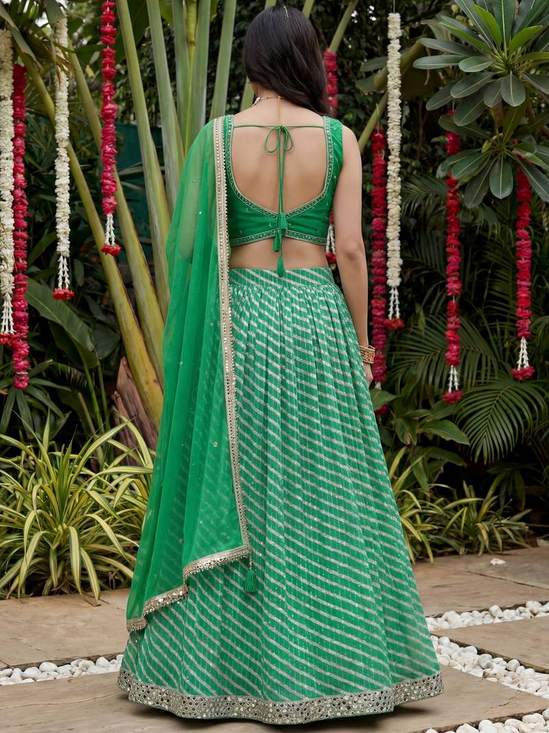 green digital printed organza festive lehenga set choli with dupatta