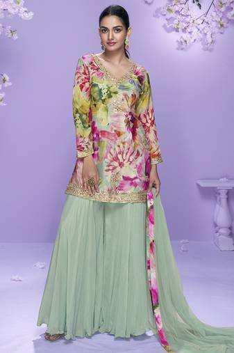 Sea green chinon silk digital embridered designer plazzo suit