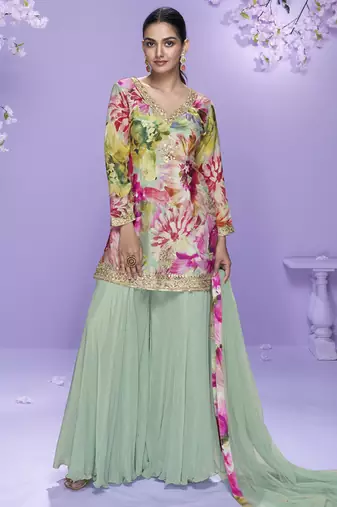 Sea green chinon silk digital embridered designer plazzo suit