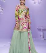 Sea green chinon silk digital embridered designer plazzo suit