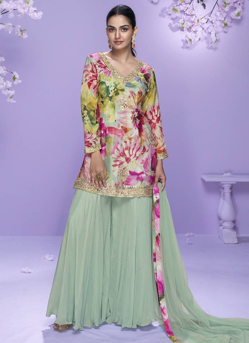 Sea green chinon silk digital embridered designer plazzo suit