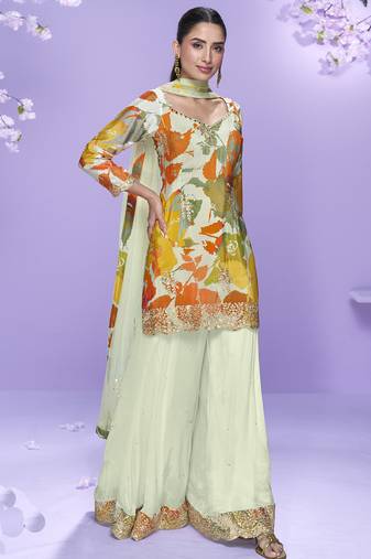 Off white chinon silk digital embridered designer plazzo suit