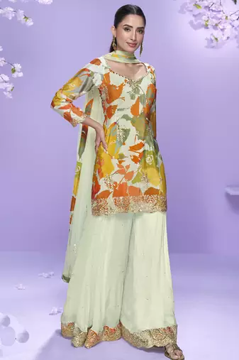 Off white chinon silk digital embridered designer plazzo suit