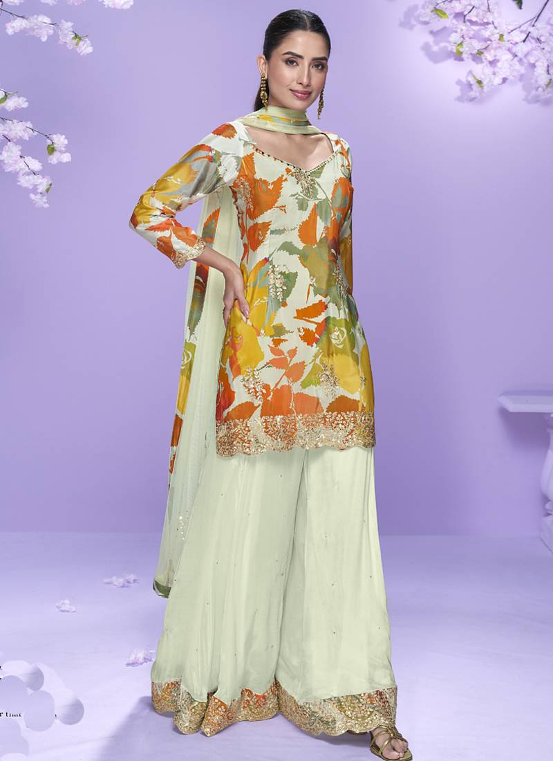 Off white chinon silk digital embridered designer plazzo suit