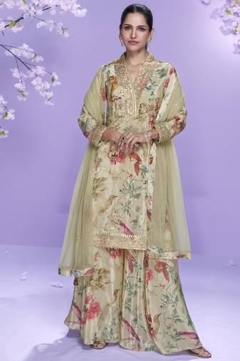 Cream chinon silk digital embridered designer plazzo suit