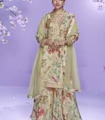 Cream chinon silk digital embridered designer plazzo suit