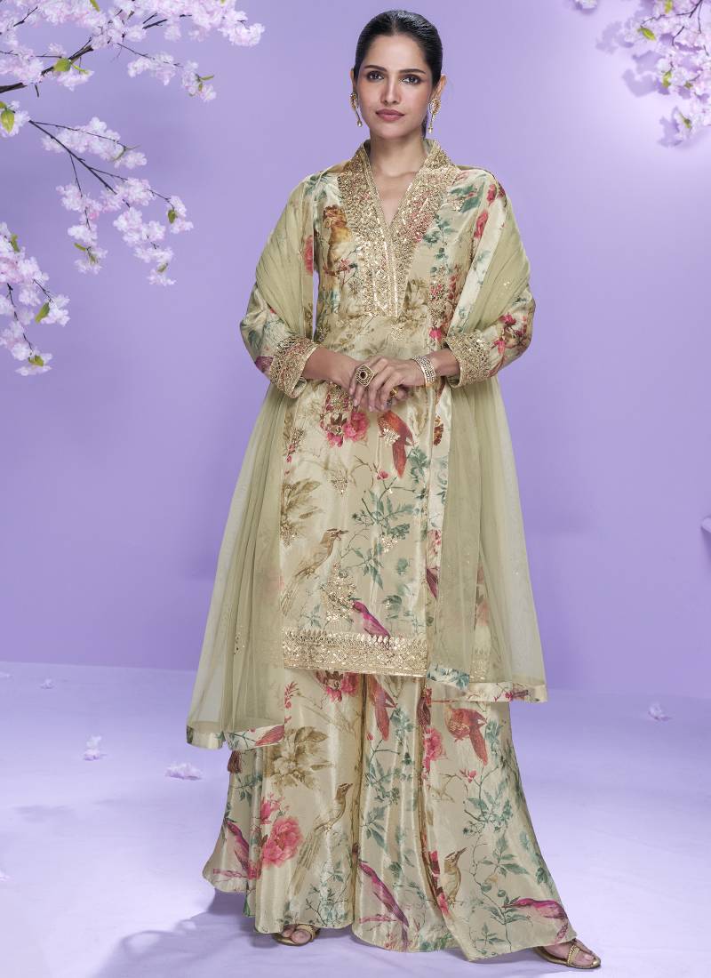 Cream chinon silk digital embridered designer plazzo suit