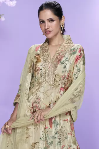 Cream chinon silk digital embridered designer plazzo suit