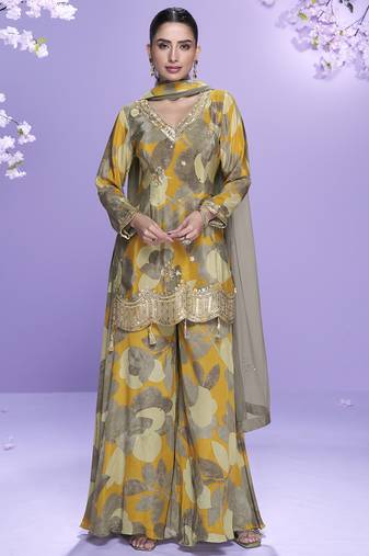 Yellow chinon silk digital embridered designer plazzo suit