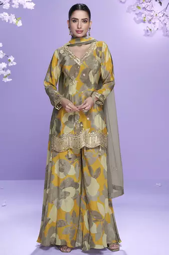 Yellow chinon silk digital embridered designer plazzo suit