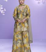 Yellow chinon silk digital embridered designer plazzo suit