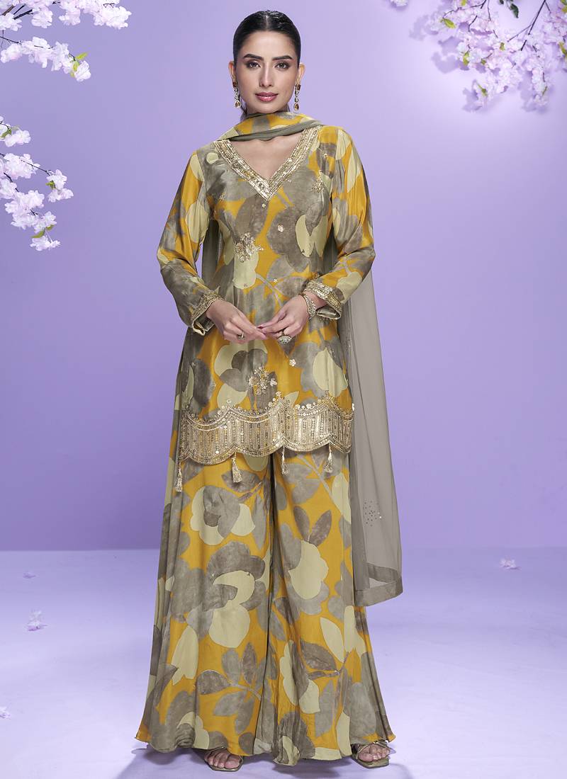 Yellow chinon silk digital embridered designer plazzo suit