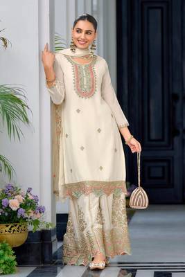 Cream Chinnon Silk Embroidery Work palazzo Pair 1
