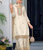 Cream Color Chinnon Silk Embroidery Work Plazo Pair 