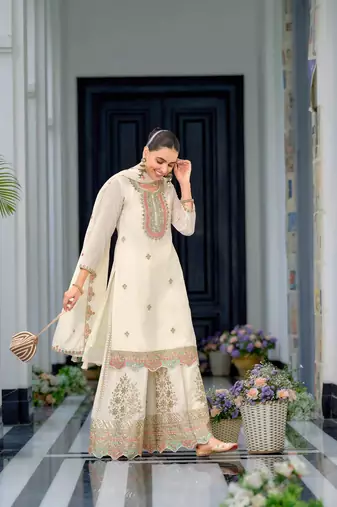 Cream Chinnon Silk Embroidery Work palazzo Pair