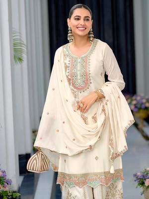 Cream Chinnon Silk Embroidery Work palazzo Pair 3