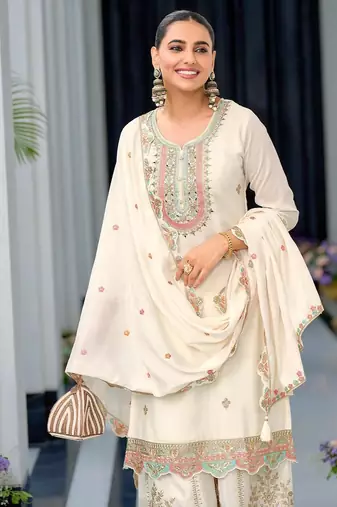 Cream Chinnon Silk Embroidery Work palazzo Pair