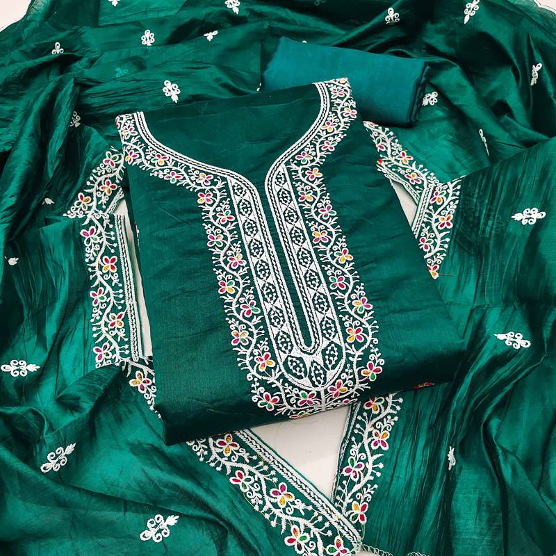 Green embroidered cotton semi stitched churidar dress-materials