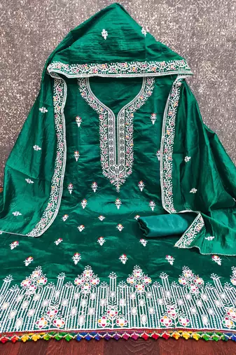 Green embroidered cotton churidar dress-materials